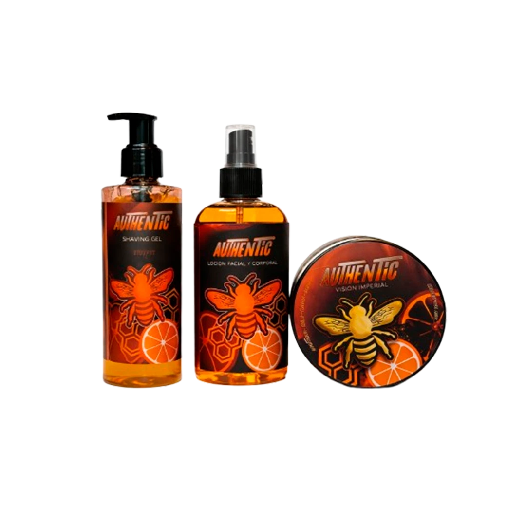 Combo Full Authentic Vision Imperial naranja para barbería con Shaving Gel, Loción Facial/Corporal y Cera Cremosa.