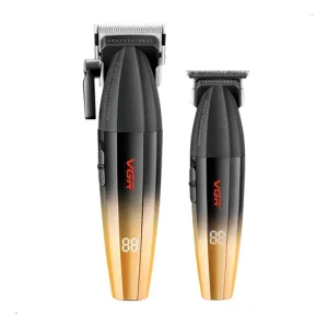 Combo VGR Dorado con máquina clipper de corte V-003 y patillera trimmer inalámbricas V-906 en color negro y dorado sobre fondo blanco. [cite: Combo Vgr 003-906 Dorado.webp]