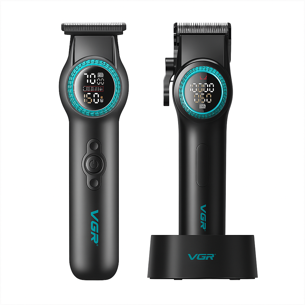 Combo VGR inalambrico con maquina clipper de corte V-001 en su base y patillera trimmer V-990 con pantallas circulares turquesa sobre fondo blanco.