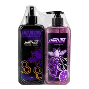 Combo Afeitado Grande Authentic Mulberry de 500ml con Shaving Gel morado y Loción Facial y Corporal After Shave envueltos en empaque termocontraíble.