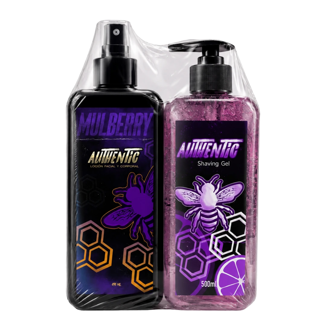 Combo Afeitado Grande Authentic Mulberry de 500ml con Shaving Gel morado y Loción Facial y Corporal After Shave envueltos en empaque termocontraíble.