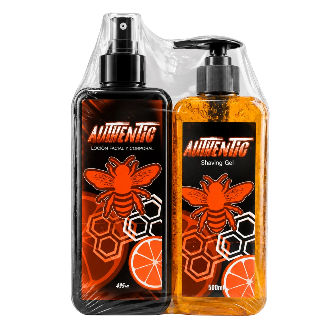 Combo de Afeitado Grande Authentic Vision Imperial de 500ml con Shaving Gel naranja y Loción Facial y Corporal After Shave envueltos en plástico termoencogible.