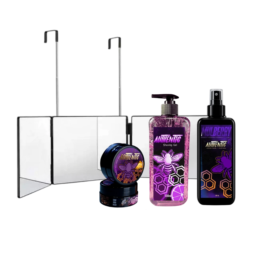 Combo Autocorte Authentic Mulberry con espejo triple plegable de 360 grados, Shaving Gel morado de 500ml, After Shave de 500ml y cera cremosa de 200g.