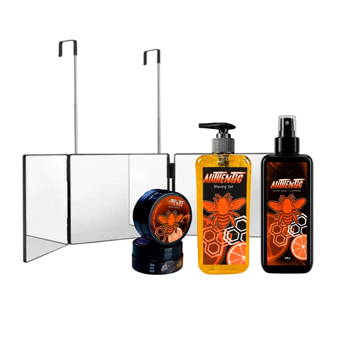 Combo Autocorte Vision Imperial con espejo triple plegable de 360 grados, Shaving Gel de 500ml, After Shave de 500ml y cera cremosa de 200g.
