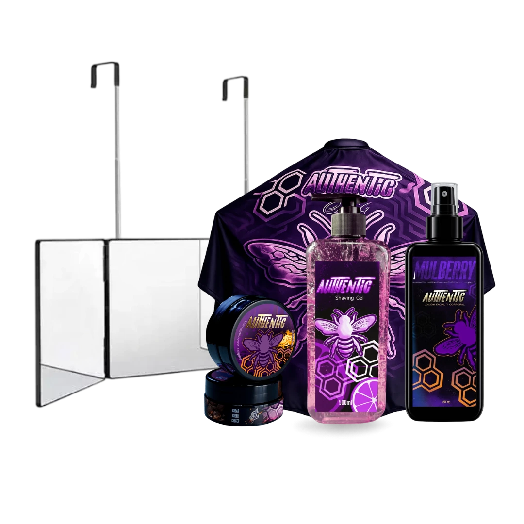 Combo Autocorte Full Authentic Mulberry con espejo triple plegable de 360 grados, capa de barbería morada, Shaving Gel de 500ml, After Shave de 500ml y cera cremosa de 200g.