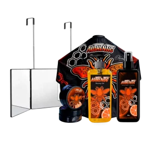 Combo Autocorte Full Vision Imperial con espejo triple plegable de 360 grados, capa de barbería negra y naranja, Shaving Gel de 500ml, After Shave de 500ml y cera cremosa de 200g.