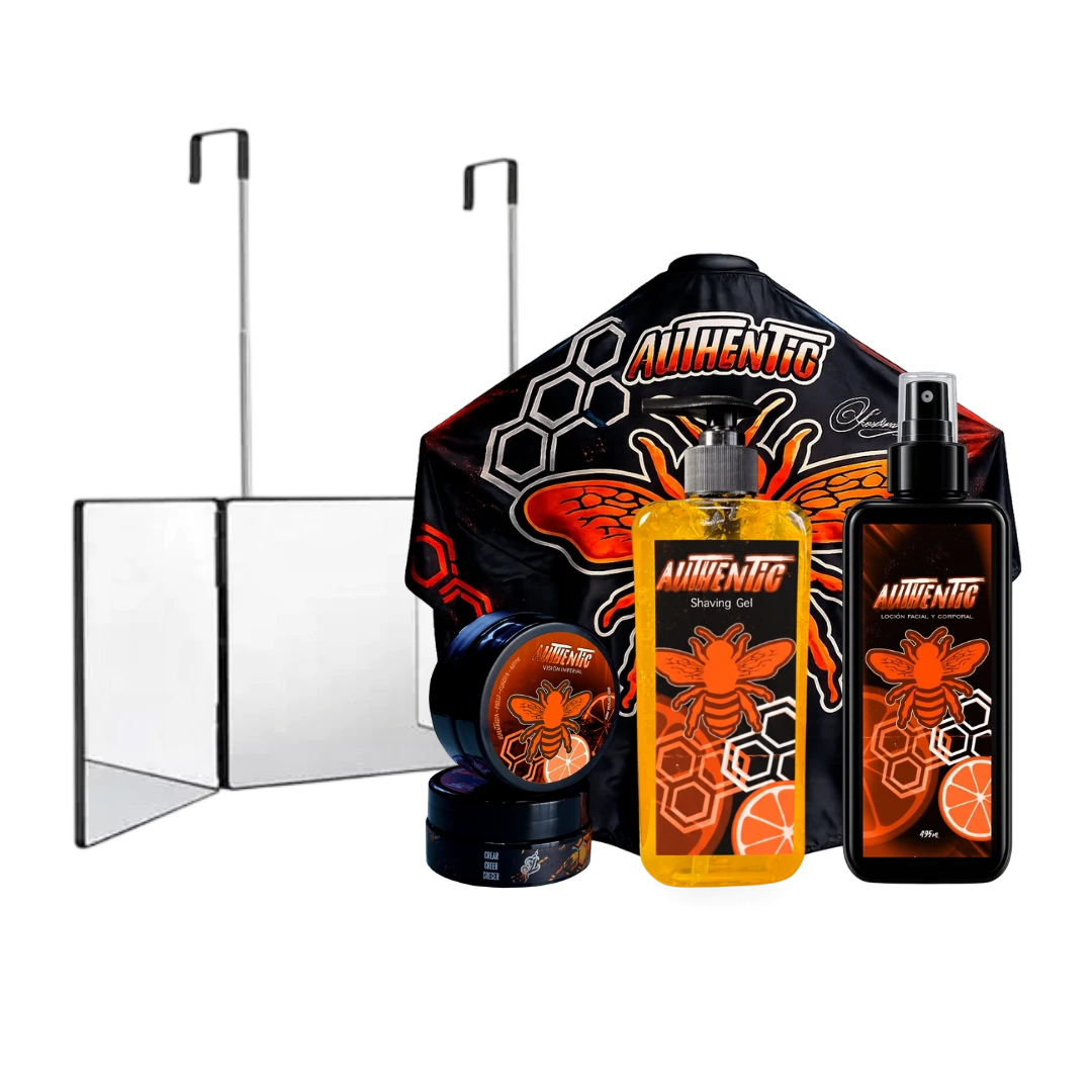 Combo Autocorte Full Vision Imperial con espejo triple plegable de 360 grados, capa de barbería negra y naranja, Shaving Gel de 500ml, After Shave de 500ml y cera cremosa de 200g.