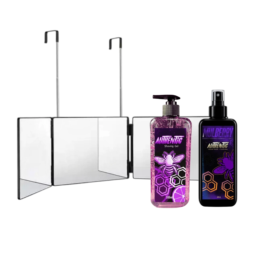 Combo Autocorte Sencillo Authentic Mulberry con espejo triple plegable de 360 grados, Shaving Gel morado de 500ml y Loción After Shave de 500ml.