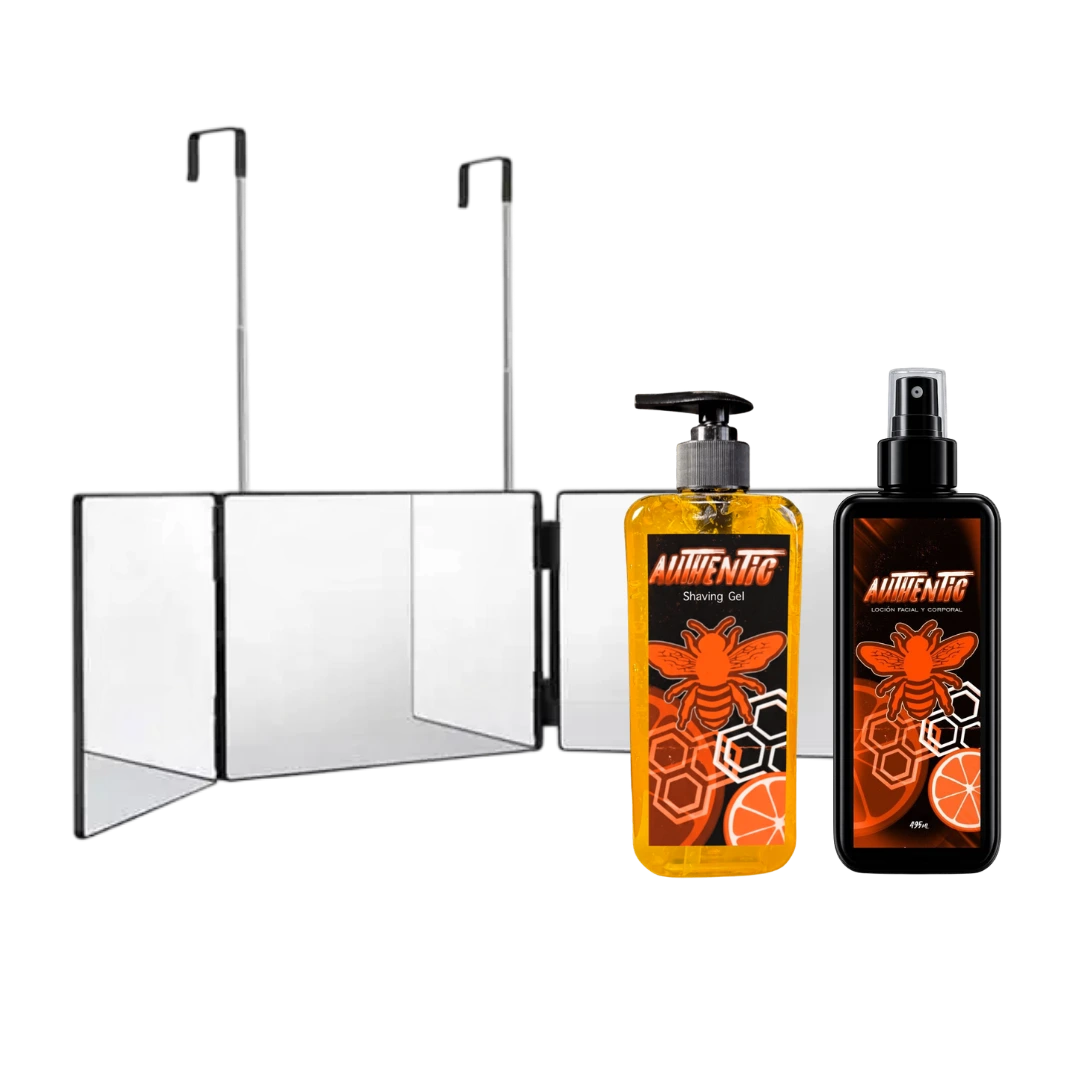 Combo Autocorte Sencillo Vision Imperial con espejo triple plegable de 360 grados, Shaving Gel naranja de 500ml y Loción After Shave de 500ml.
