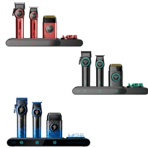 Combo VGR 3 en 1 V-001-977-377 Stepless Pro en sus tres versiones rojo, negro mate y azul degradado colocados en sus bases de carga sobre fondo blanco.