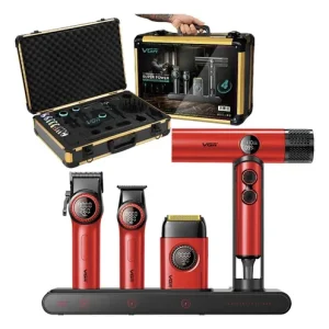 Combo VGR 4 en 1 Stepless Pro en color rojo con maquina clipper, patillera trimmer, rasuradora shaver y secador en su base de carga multiple junto a su maletín de transporte rígido con perfiles dorados sobre fondo blanco.