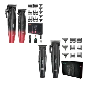 Combo VGR 640 en versiones degradado rojo y negro texturado con maquinas clipper de corte y patilleras trimmer inalambricas junto a sus guías y cajas oficiales sobre fondo blanco.
