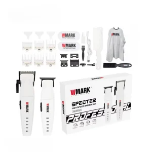Kit completo WMark NG-8632 Specter con maquina de corte clipper, patillera trimmer inalámbricas en color blanco, empaque oficial y accesorios de barberia sobre fondo blanco.