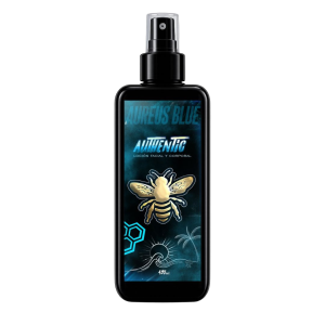 Loción facial y corporal Aureus Blue de Authentic en envase negro grande de 495 ml con atomizador spray y etiqueta de abeja dorada sobre fondo negro.