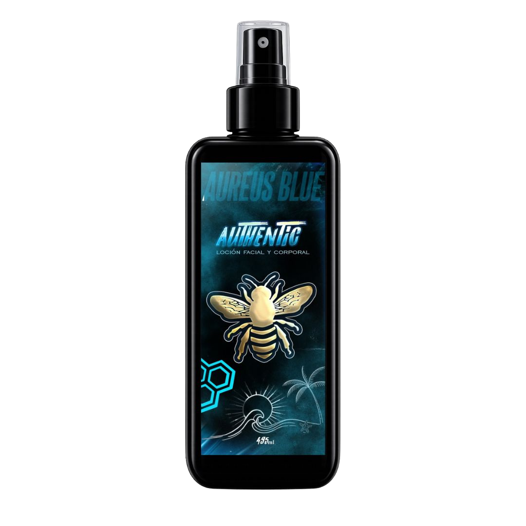 Loción facial y corporal Aureus Blue de Authentic en envase negro grande de 495 ml con atomizador spray y etiqueta de abeja dorada sobre fondo negro.