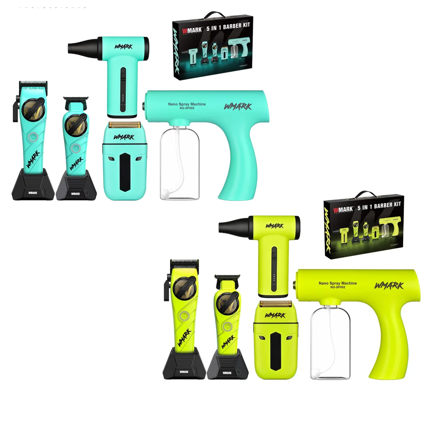 Combo WMARK 5 en 1 Barber Kit disponible en verde menta y amarillo neón con clipper, trimmer, shaver, secador/soplador compacto y pistola Nano Spray.