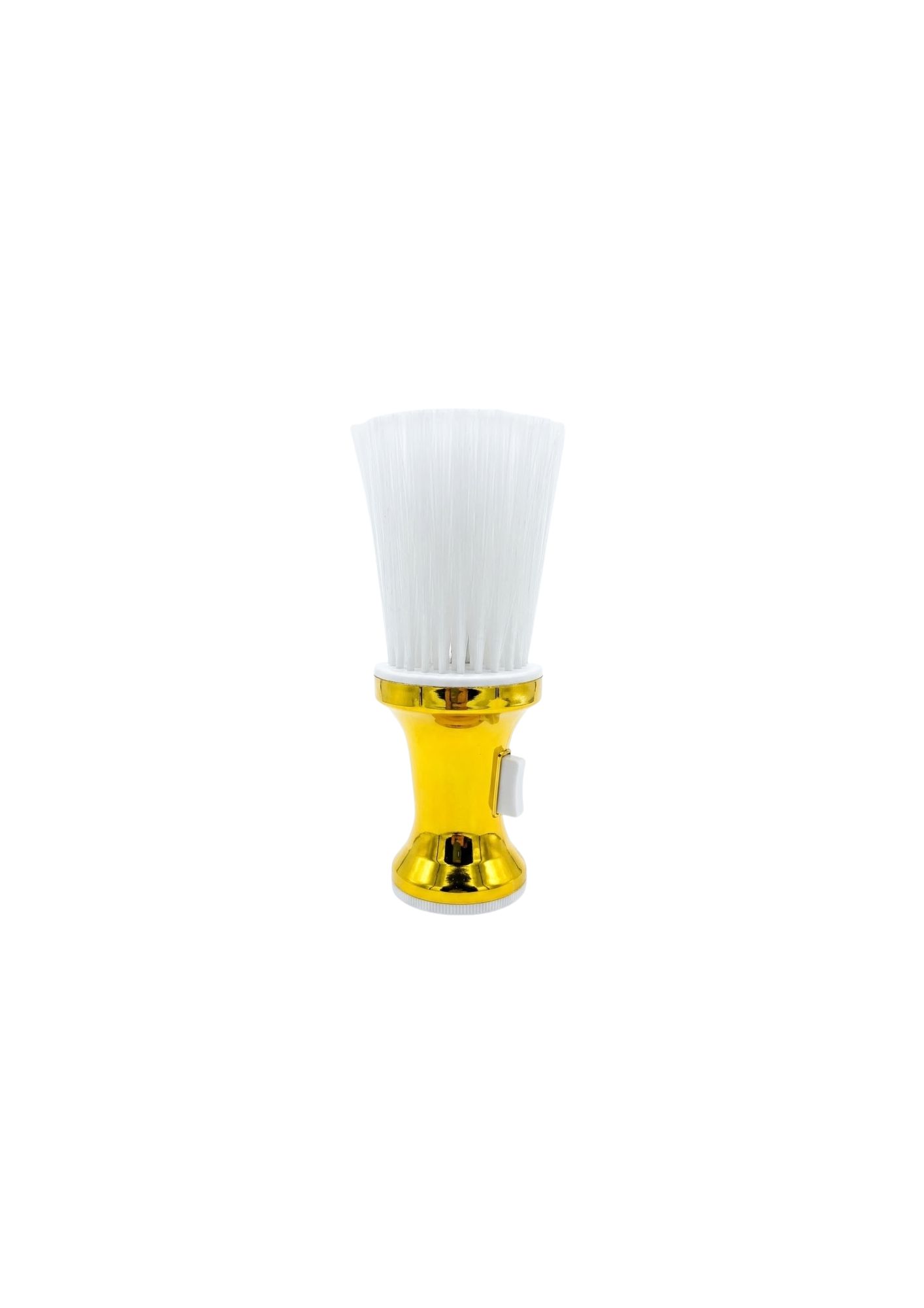 Brocha talquera profesional para barbería con mango metalizado en color dorado, botón dispensador de talco y cerdas blancas suaves.