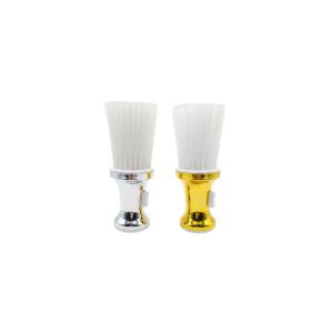 Brocha talquera profesional con dispensador de talco en acabado metalizado dorado y plateado para barbería.