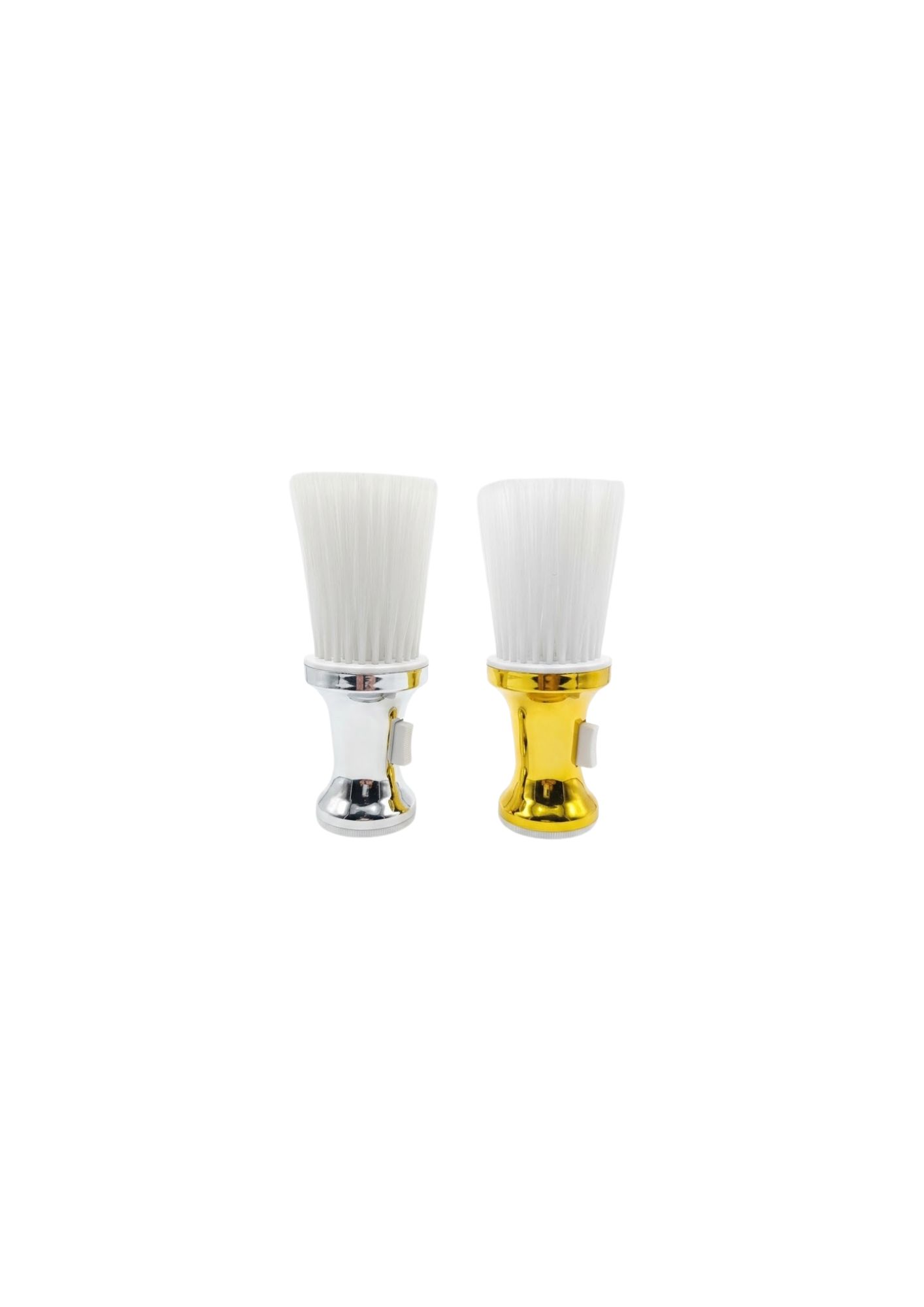 Brocha talquera profesional con dispensador de talco en acabado metalizado dorado y plateado para barbería.