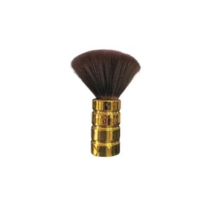 Brocha sacudidora quita pelo dorada PB1026A con mango ergonómico anillo cromado y cerdas oscuras suaves para barbería.