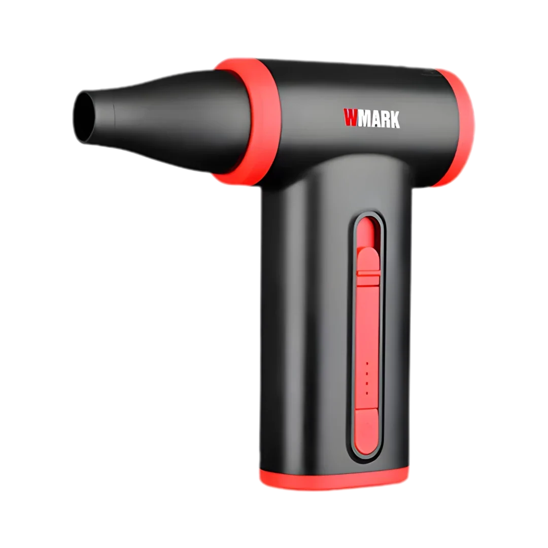 Soplador de aire portátil WMARK Turbo Jet Blower de 130.000 RPM en color negro y rojo junto a su caja de empaque oficial.
