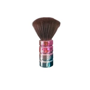 Brocha sacudidora quita pelo tornasol PB1026B con mango ergonómico iridiscente en tonos rosa y azul cian con cerdas oscuras suaves.